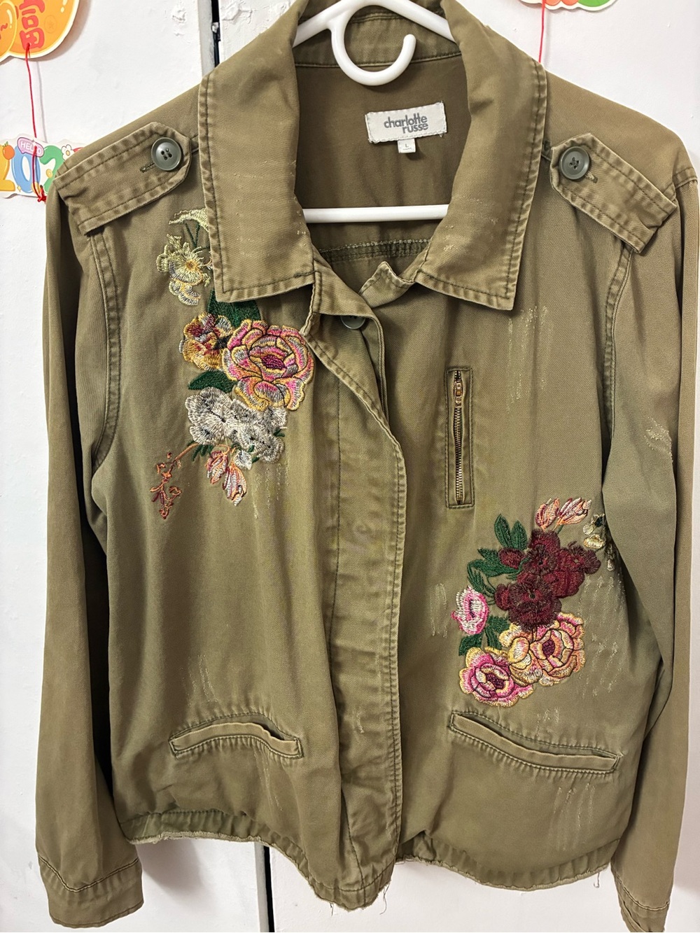 Charlotte Russe Olive Green Embroidered Utility Jacket